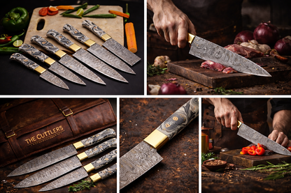 Hand-Forged Damascus Kitchen Knife Set – 5 Piece With Marble Theme Resin Handle