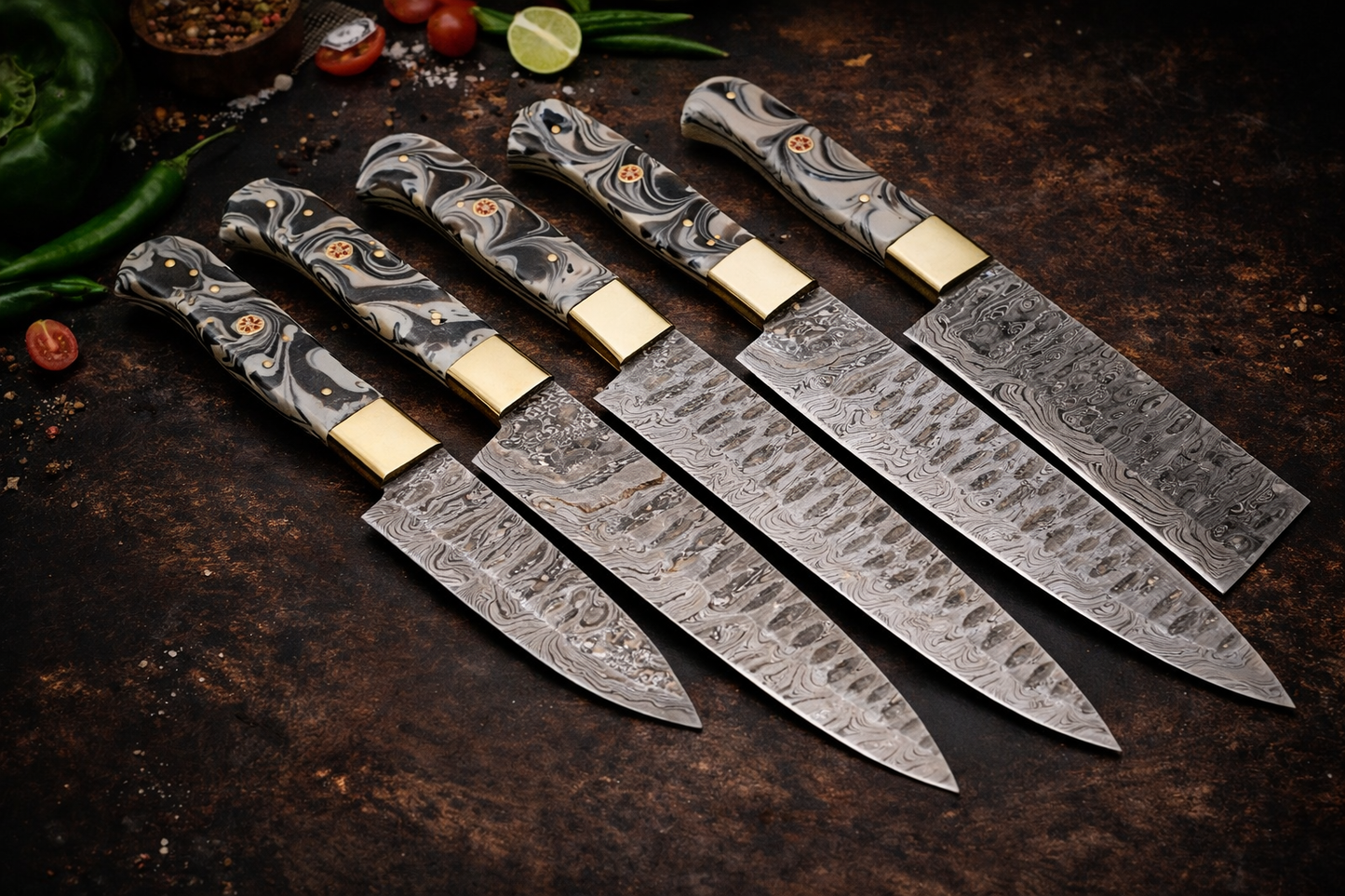 Hand-Forged Damascus Kitchen Knife Set – 5 Piece With Marble Theme Resin Handle