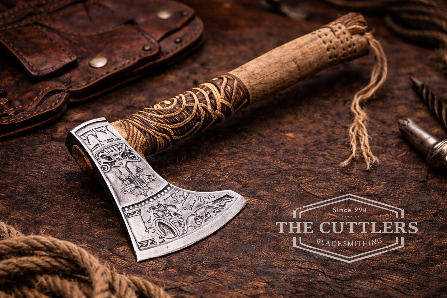 Hand-Forged Viking Axe – Engraved Steel Head, Wooden Handle | The Cuttlers
