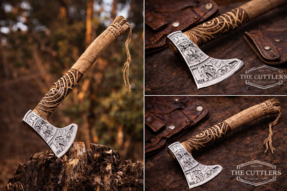 Hand-Forged Viking Axe – Engraved Steel Head, Wooden Handle | The Cuttlers